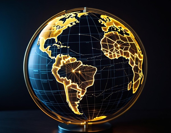 Golden world globe with glowing continents