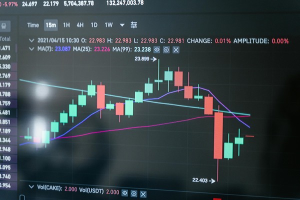 Monitor displaying cryptocurrency price candles