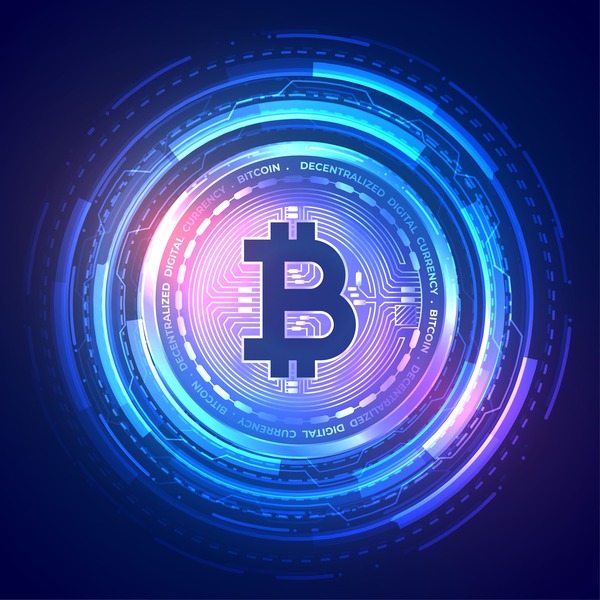 Glowing digital coin hologram on a blue background