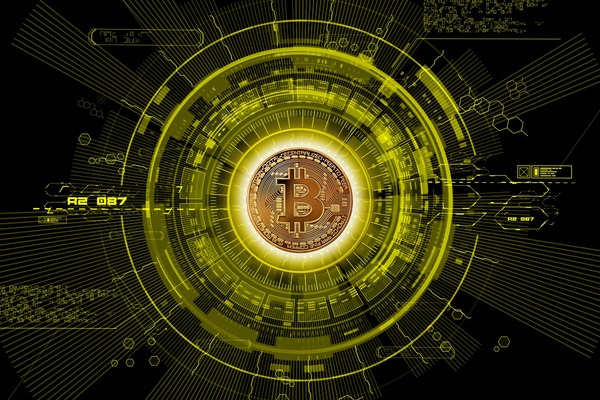 Golden coin in the center of a glowing digital circuit